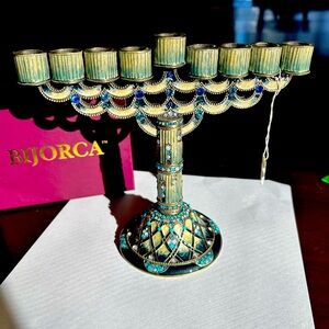 New enamel / stones Menorah - heavy metal baked enamel shades of green / blue